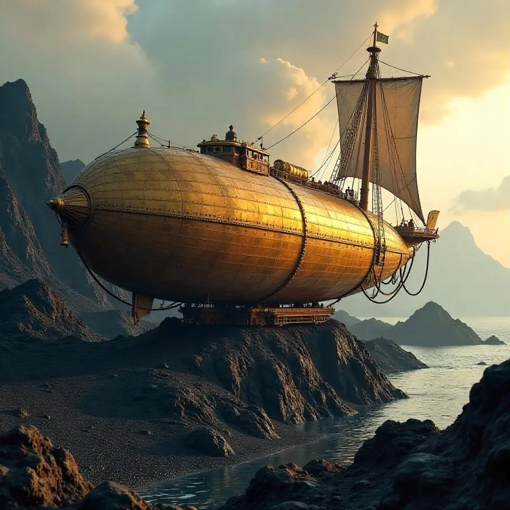 Photorealistic Airship on Volcanic Rocks