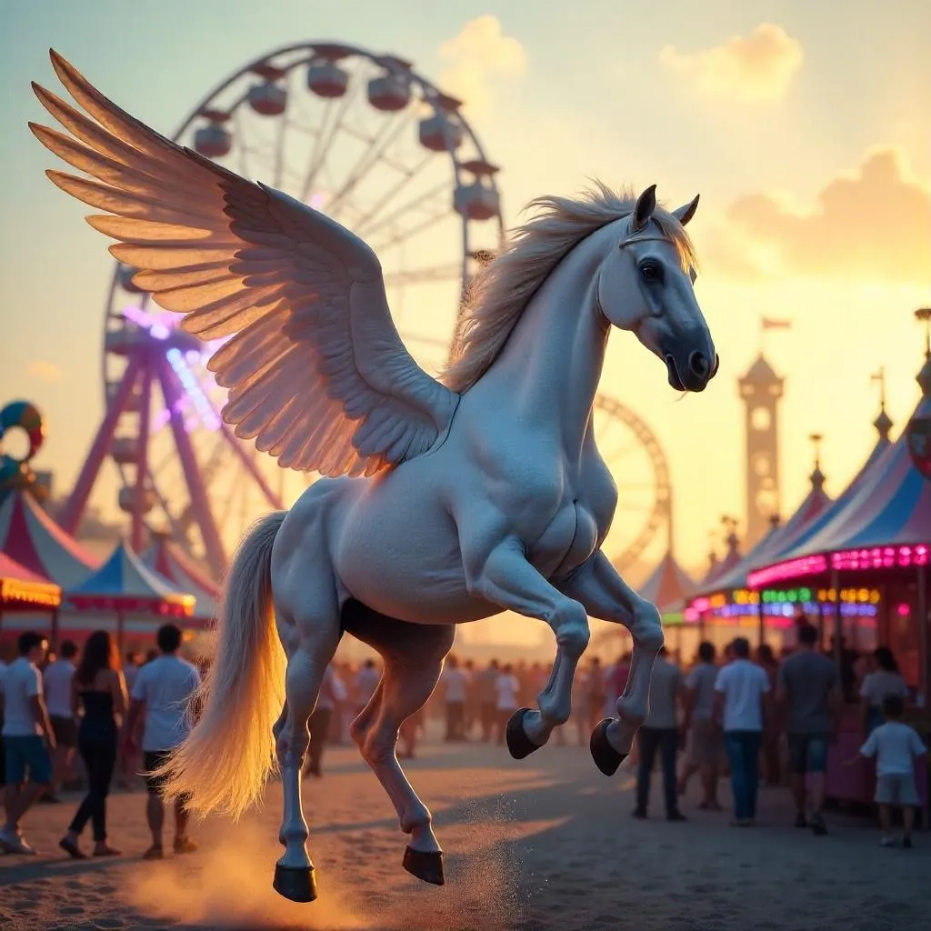 Photoreal Pegasus in a Neon Amusement Park at Sunset