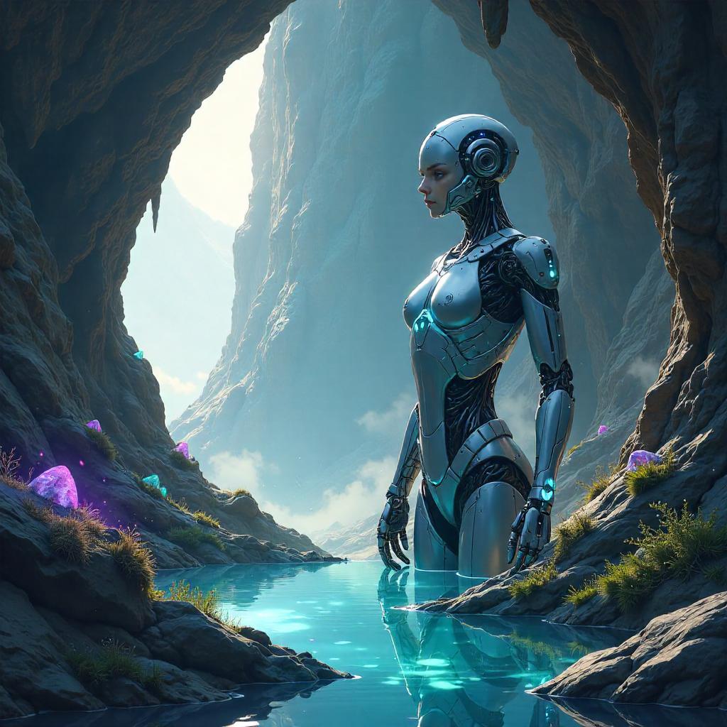 Android in a Mountain Cave, Anime Style Concept