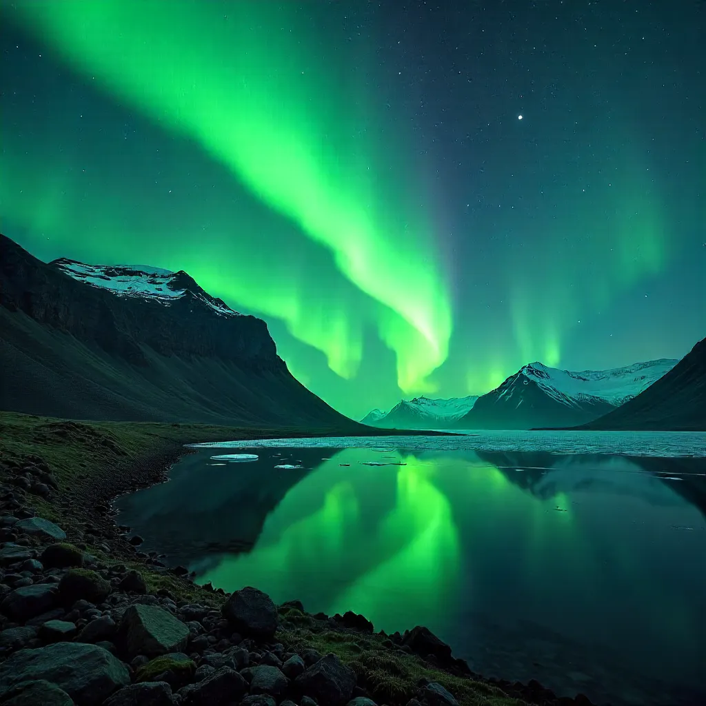 Stunning Green Aurora Over Icelandic Night Sky