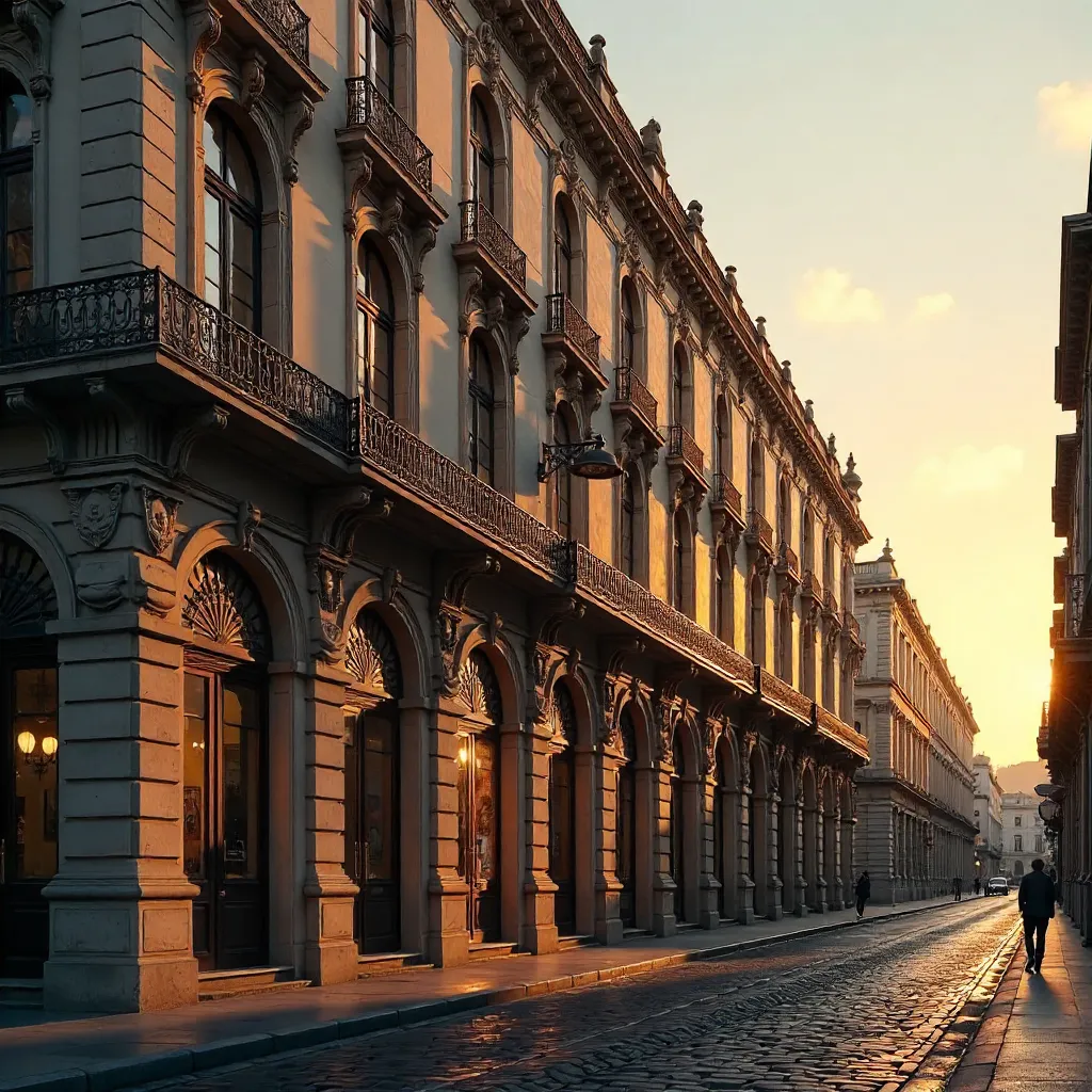 Sunset-Lit Historic Facade: Urban Elegance