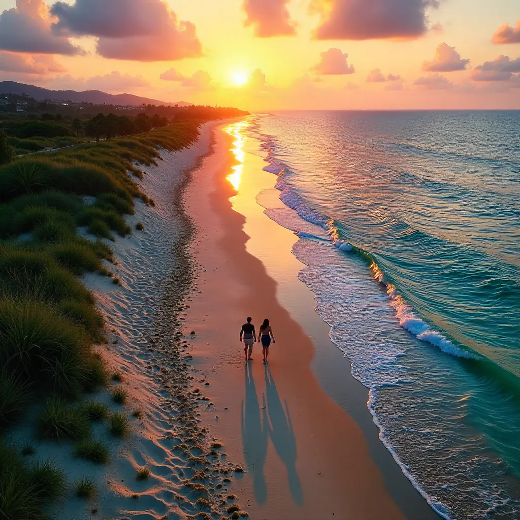 Aerial Sunset Walk on a Seaside Beach