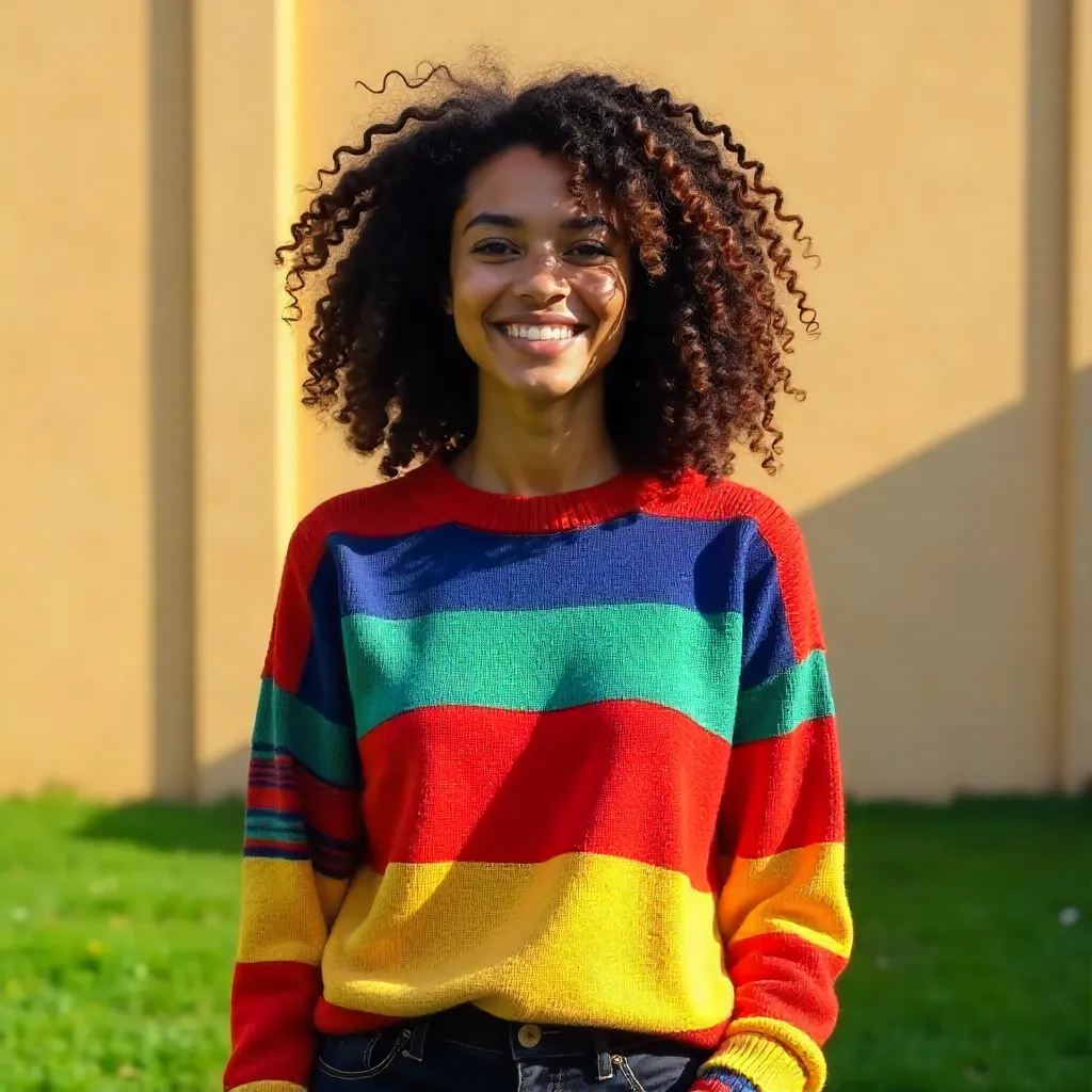 Curly-Haired Woman in Vibrant Striped Sweater on Grass