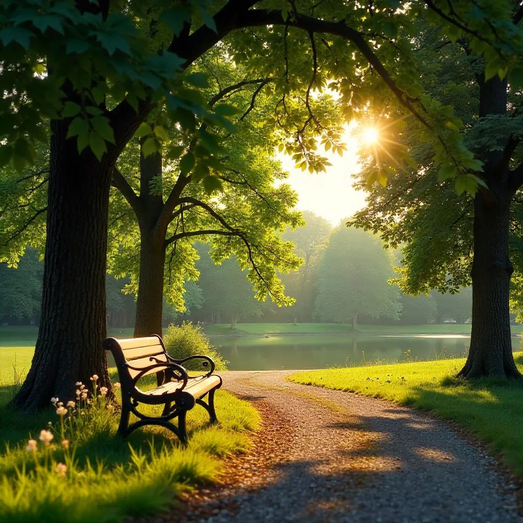 Serene Park Bench Under Lush Greenery