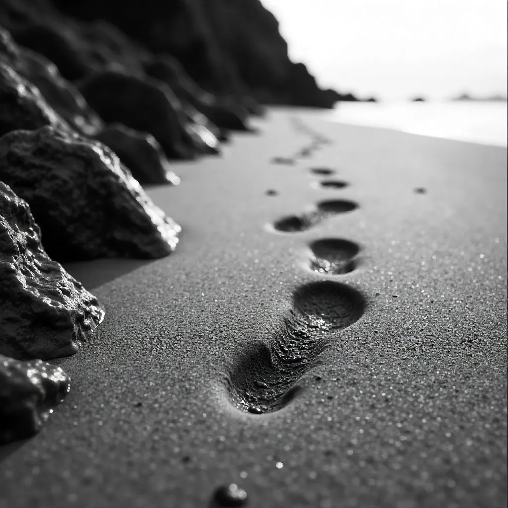 Monochrome Footprints Amid Rocky Beach