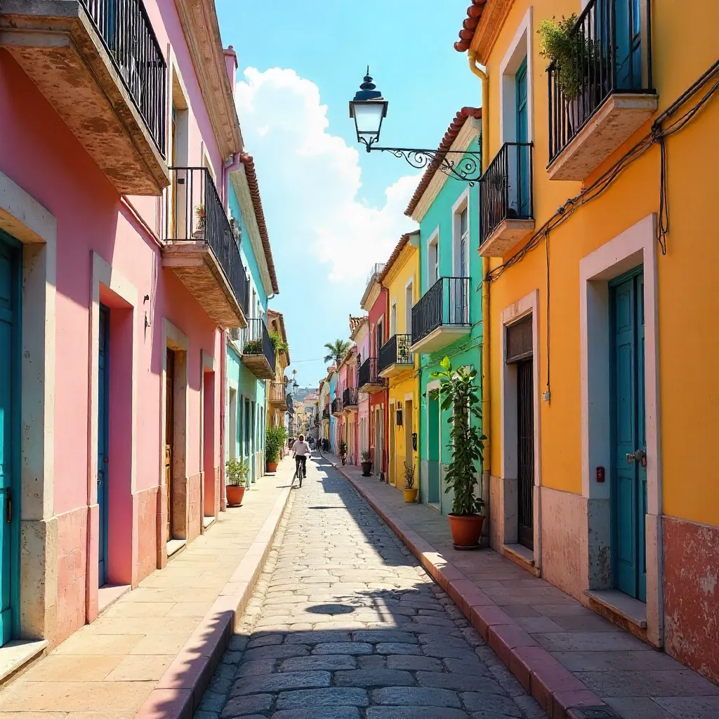 Sunlit Alley Opening to Pastel Cityscape
