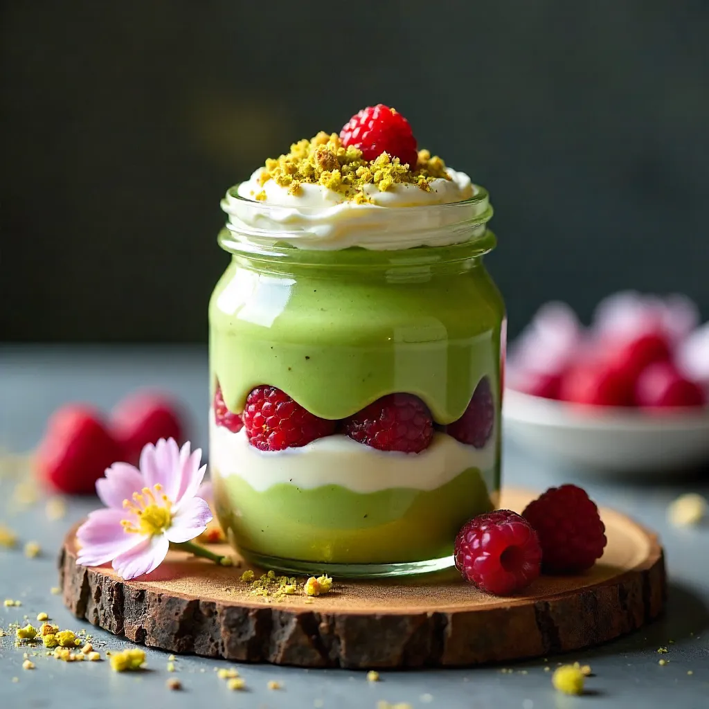 Matcha Berry Layered Dessert Jar on Wooden Board