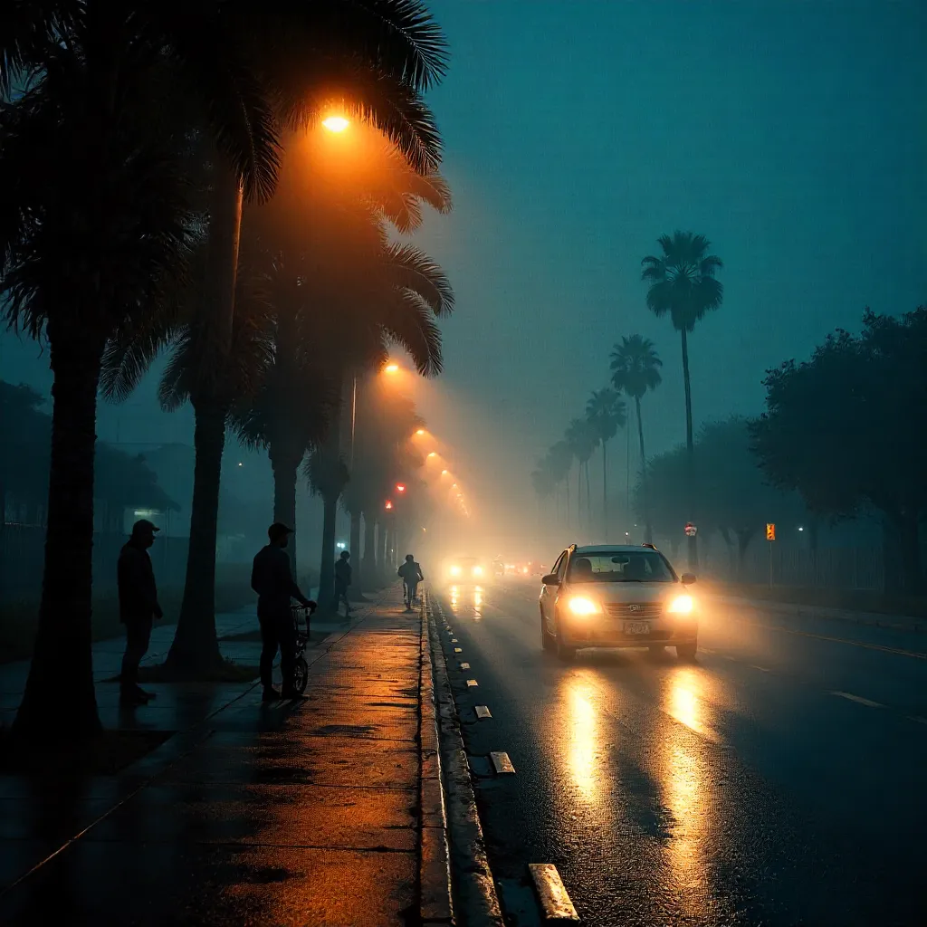 Foggy LA Night: Silhouettes Under Streetlights