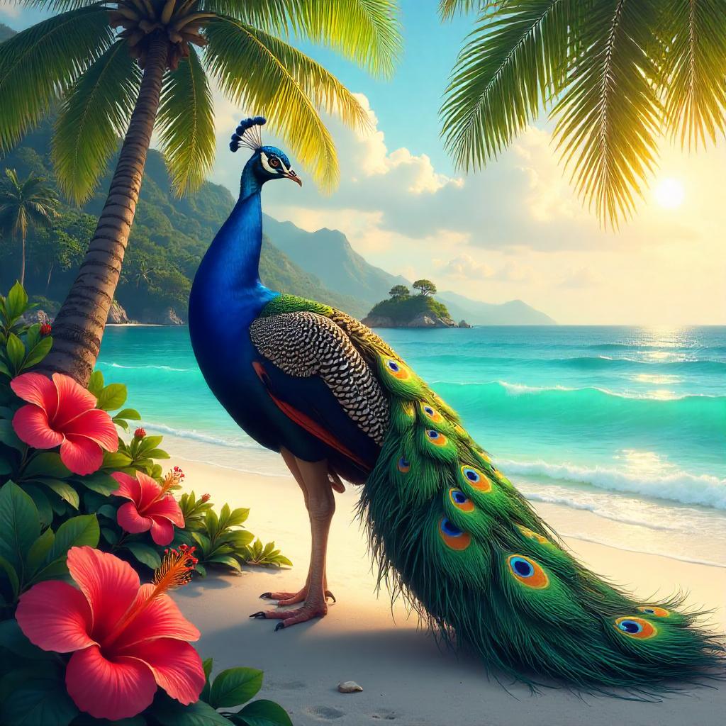 Vibrant Peacock on a Lush Tropical Island