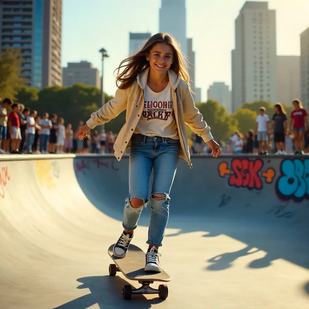 Sunny Urban Skatepark: Teen Skater in Motion