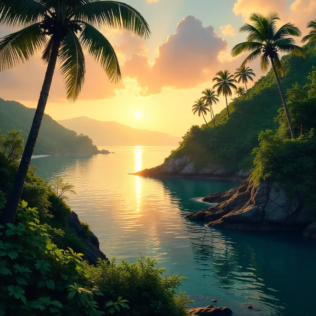Tranquil Coastal Sunset over Lush Landscape