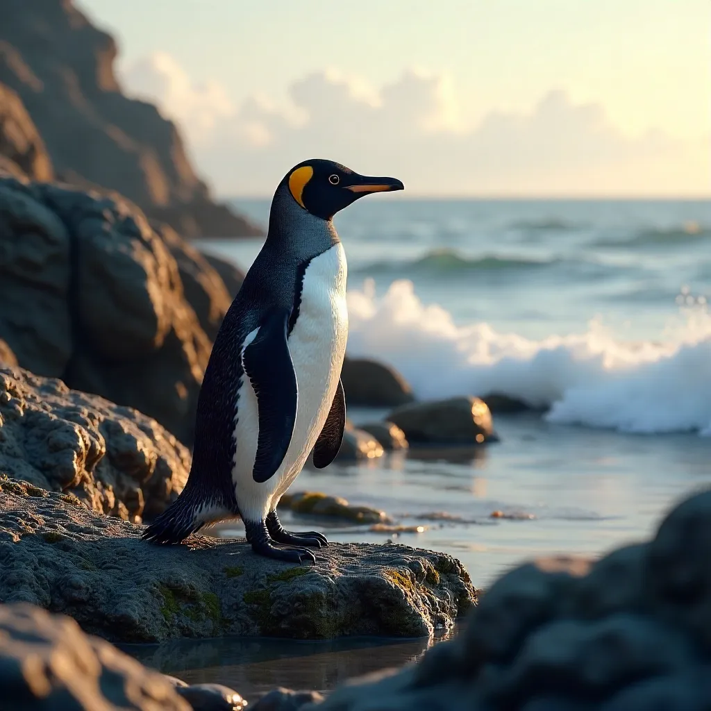 Humboldt Penguin on a Rocky Shore in Soft Light