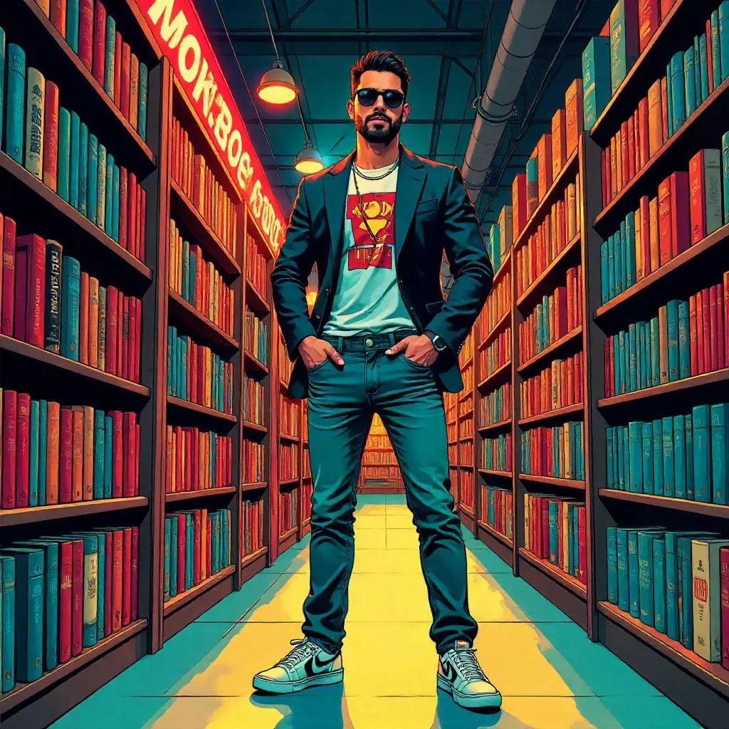 Stylish Latino Hero in a Comic Book Store