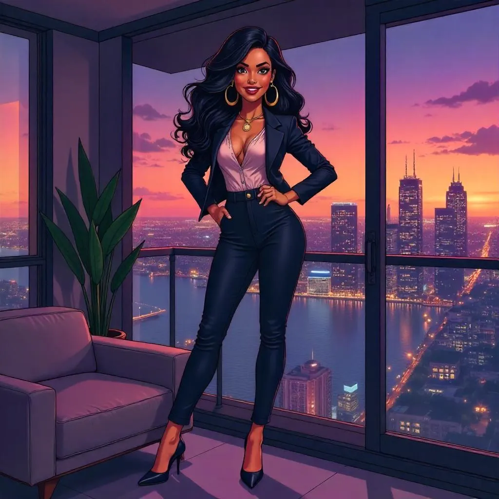 Confident Latina in a Penthouse Cartoon Scene