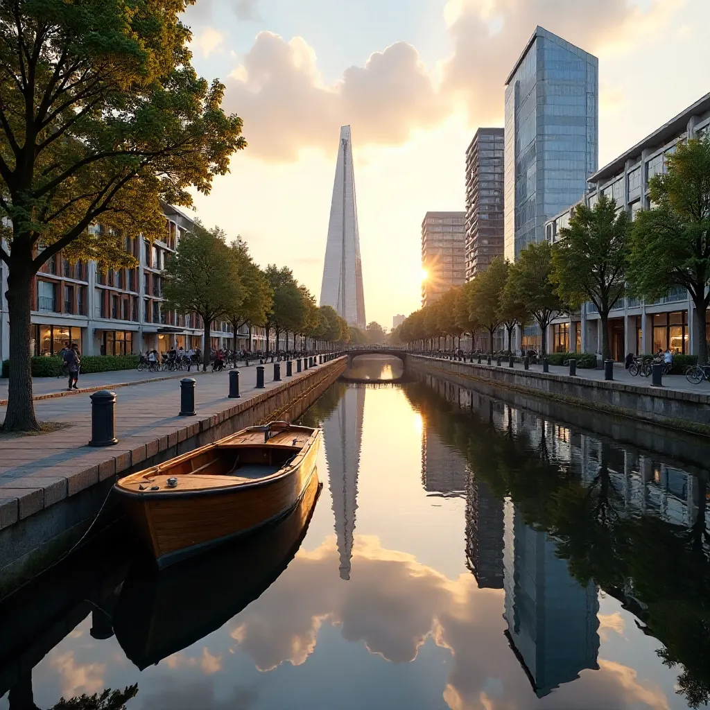 Tranquil London Canal: Moored Boat and Modern Reflections