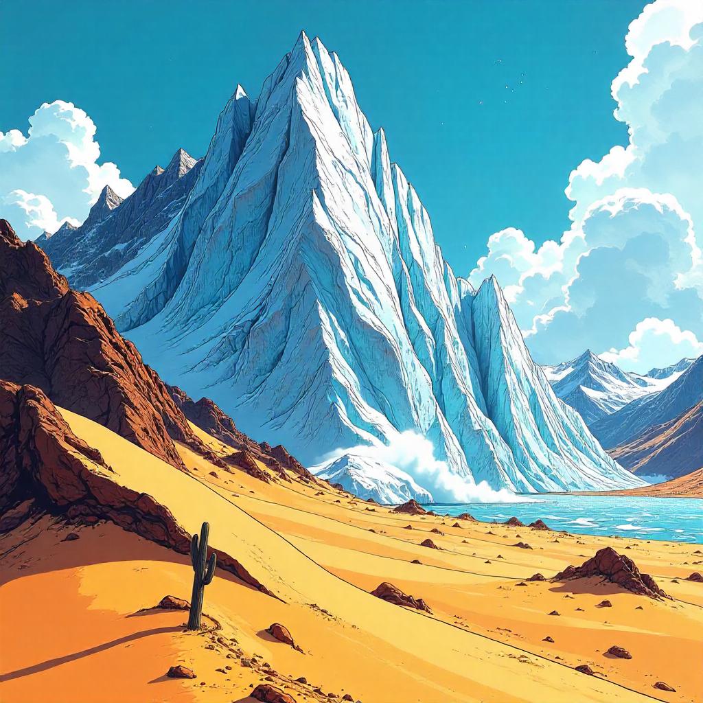 Glacier Rising from the Sand: A Comic Desert Scene