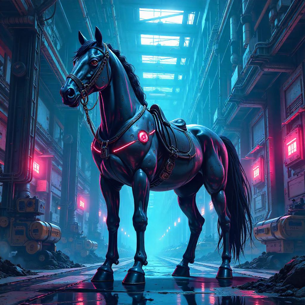 Mechanical Horse in a Neon Anime Robot Factory