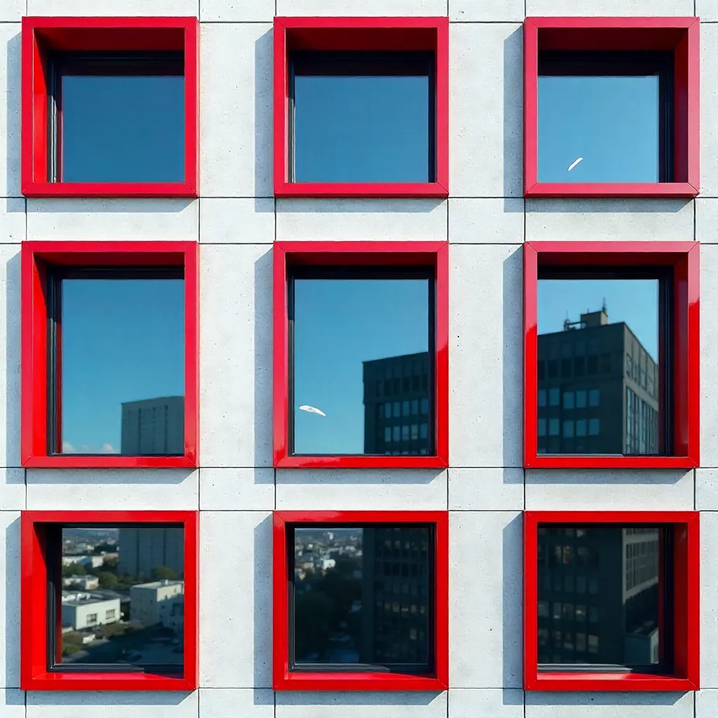 Close-up of a Modern Facade with Red Window Grids