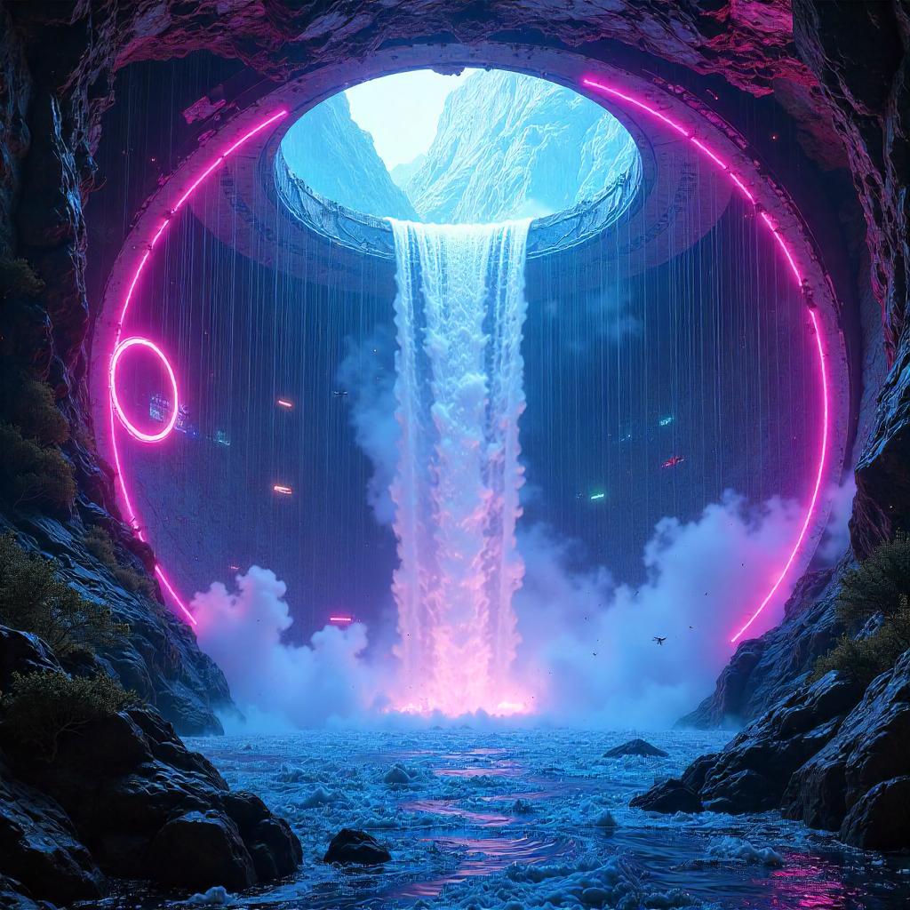 Neon Cascade in a Cyberpunk Portal Chamber