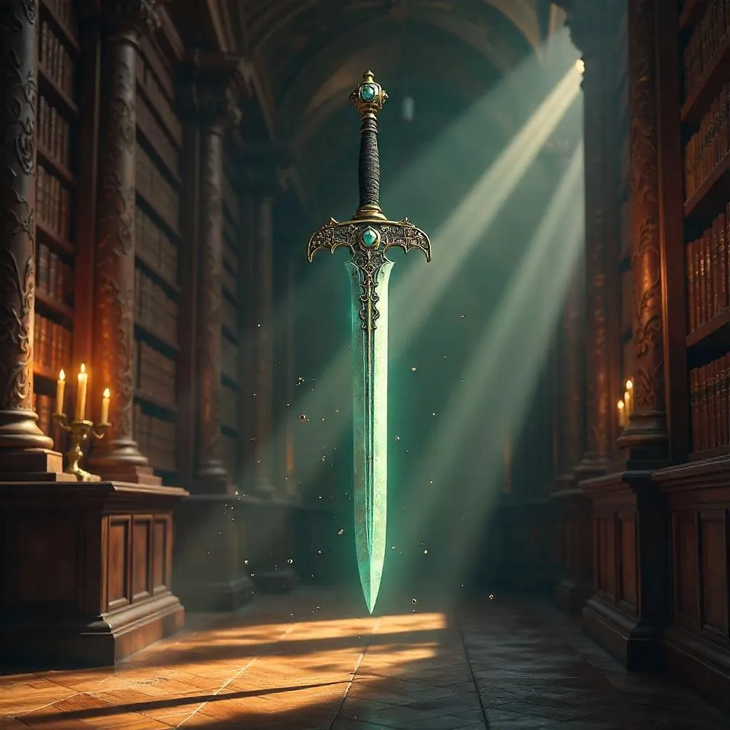 Photoreal Enchanted Sword in a Grand Library