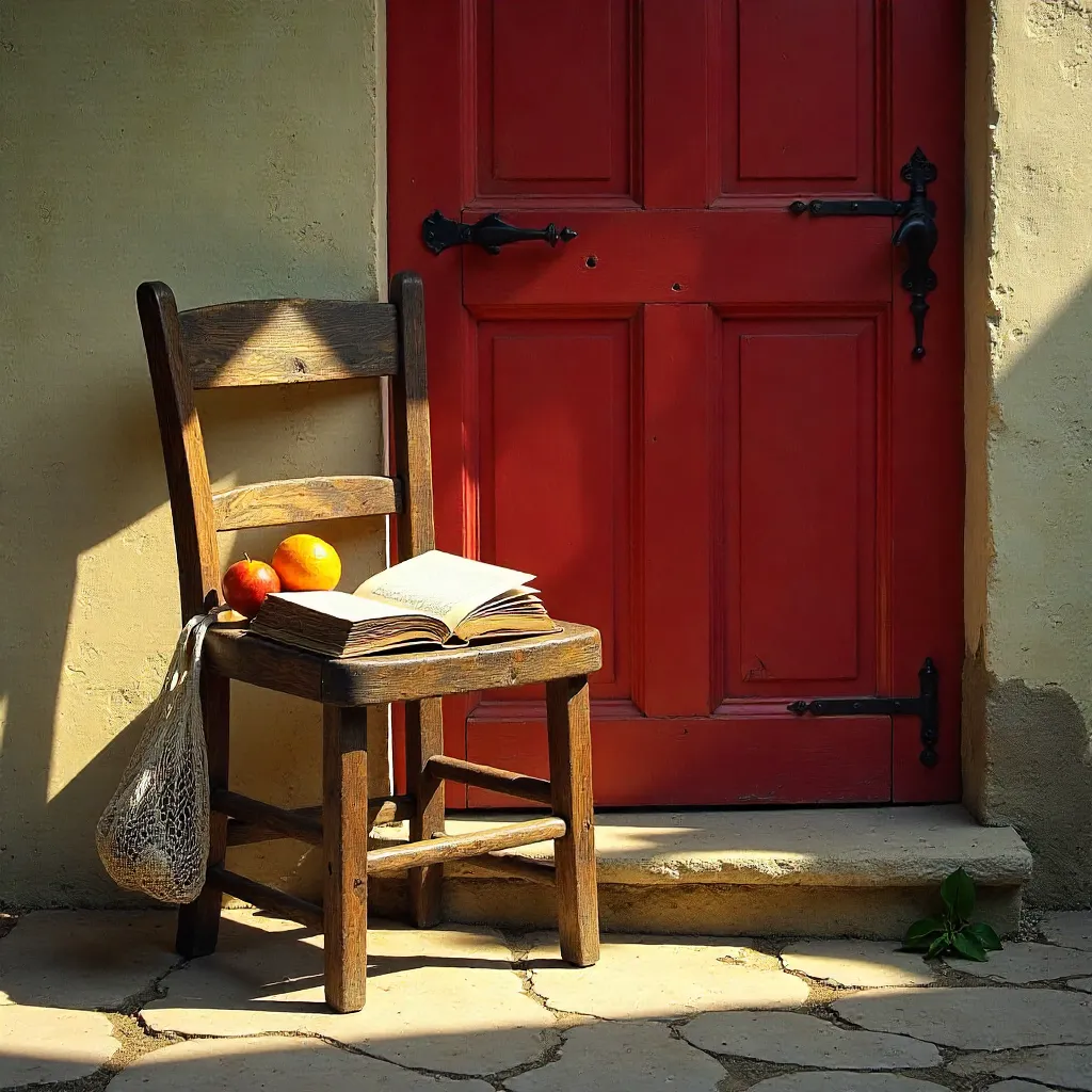 Rustic Chair, Book, and Net Bag of Fruit by a Red Door
