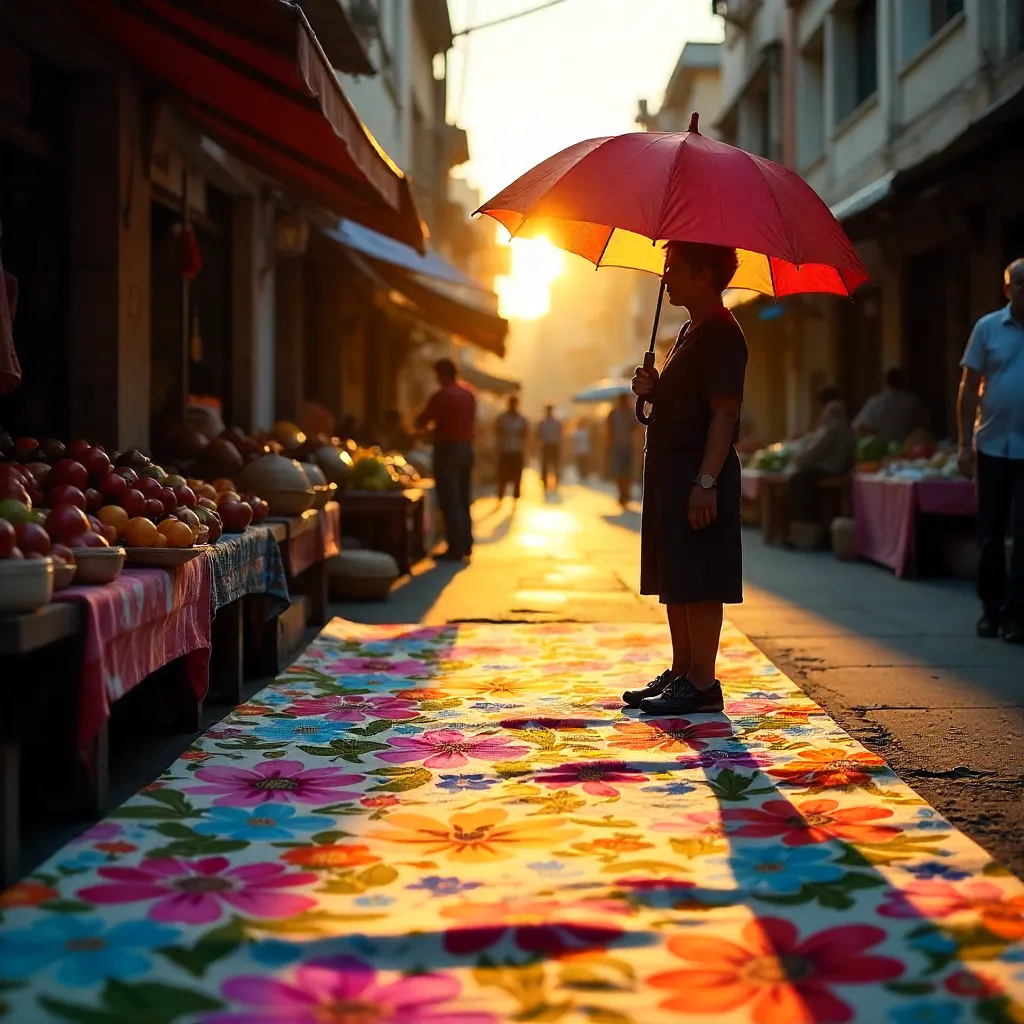 Silhouette Under a Vivid Umbrella at the Market