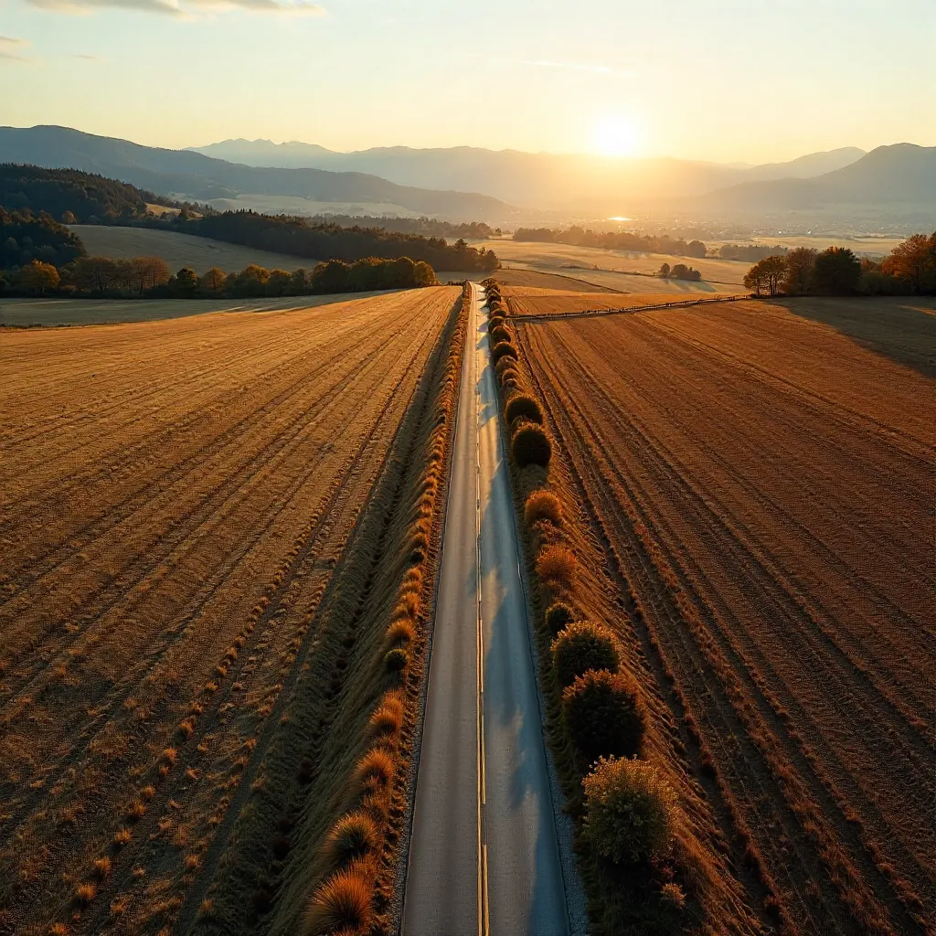 Aerial Road Through Brown Fields near Graz, Austria