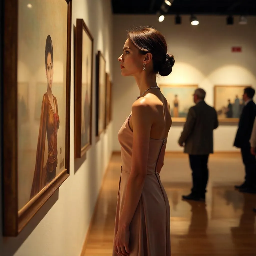 Elegant Caucasian Woman in a Photorealistic Art Gallery