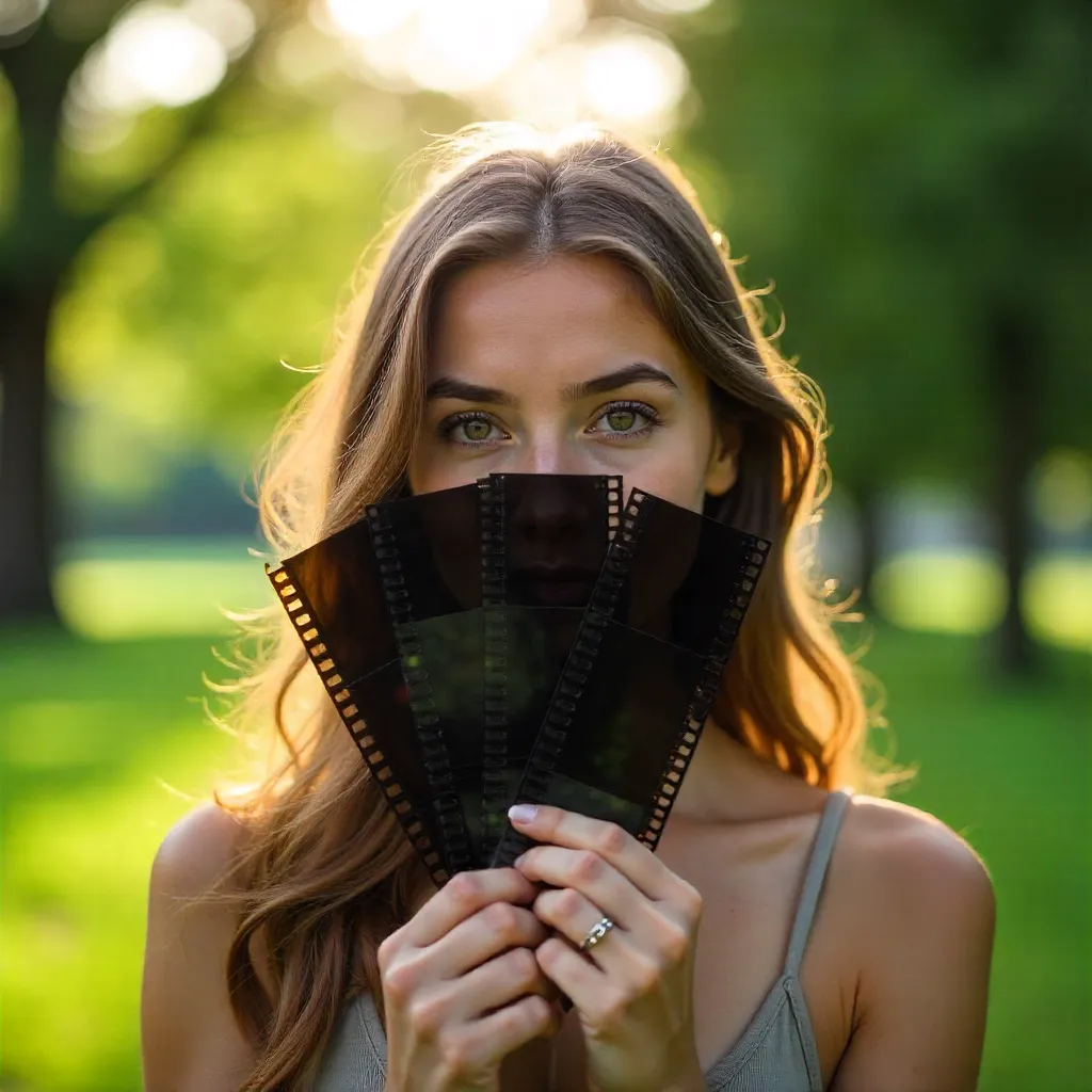 Hidden Faces: Woman with Film Negatives Outdoors