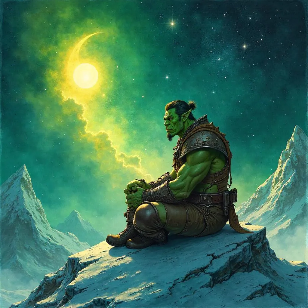 Orc Voyager on a Comet, Watercolor Dreamscape