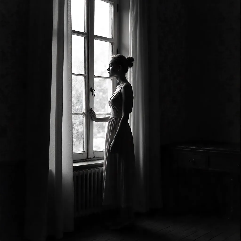 Moody Monochrome: Woman by a Curtained Window