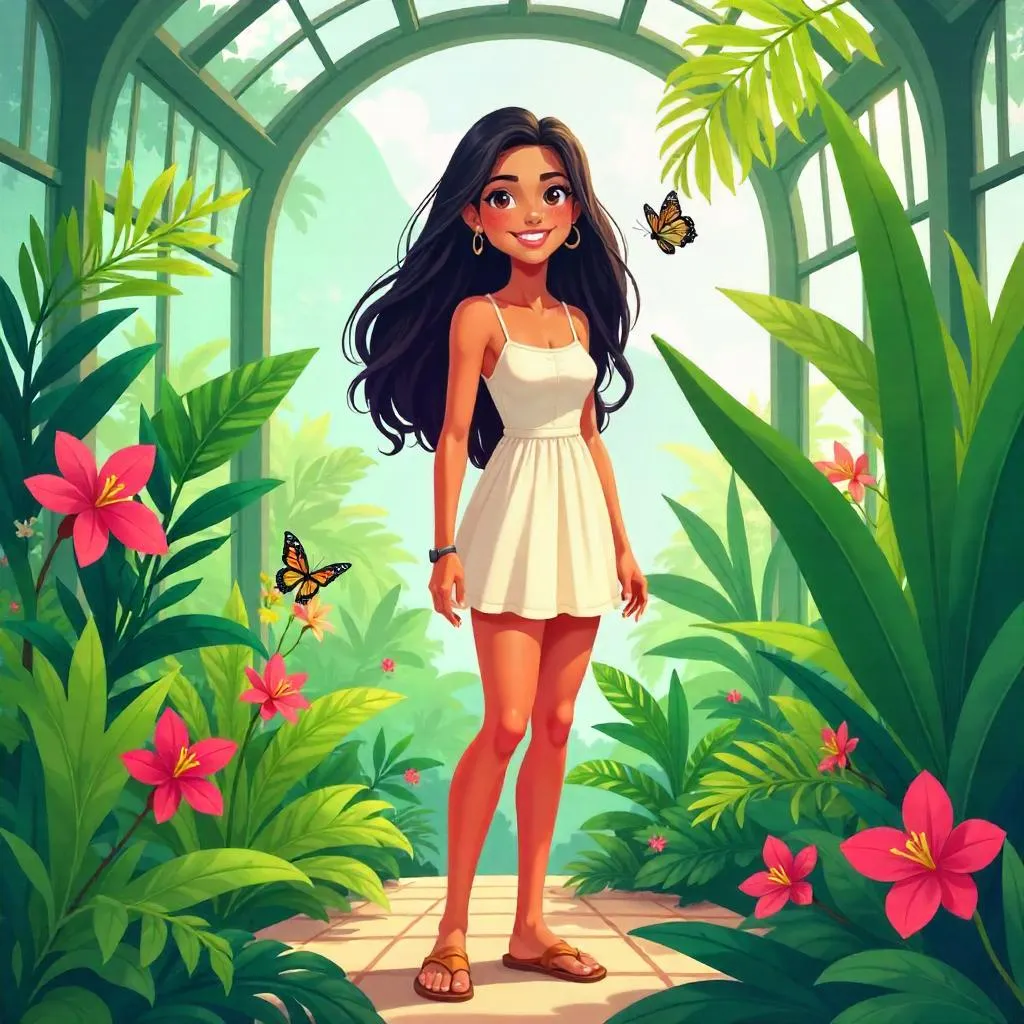 Cartoon Latina Woman Exploring a Conservatory