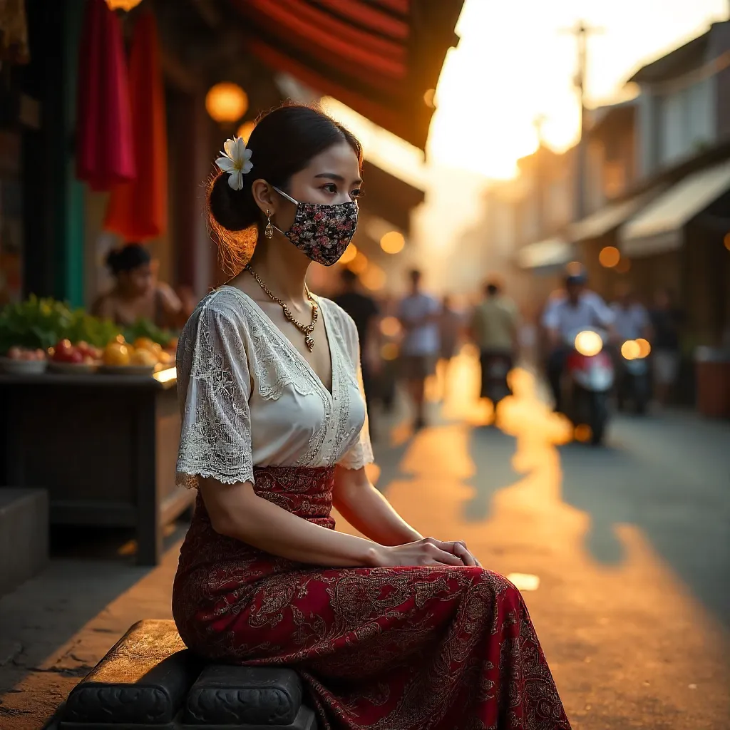 Graceful Indonesian Attire in a Lively Street Market
