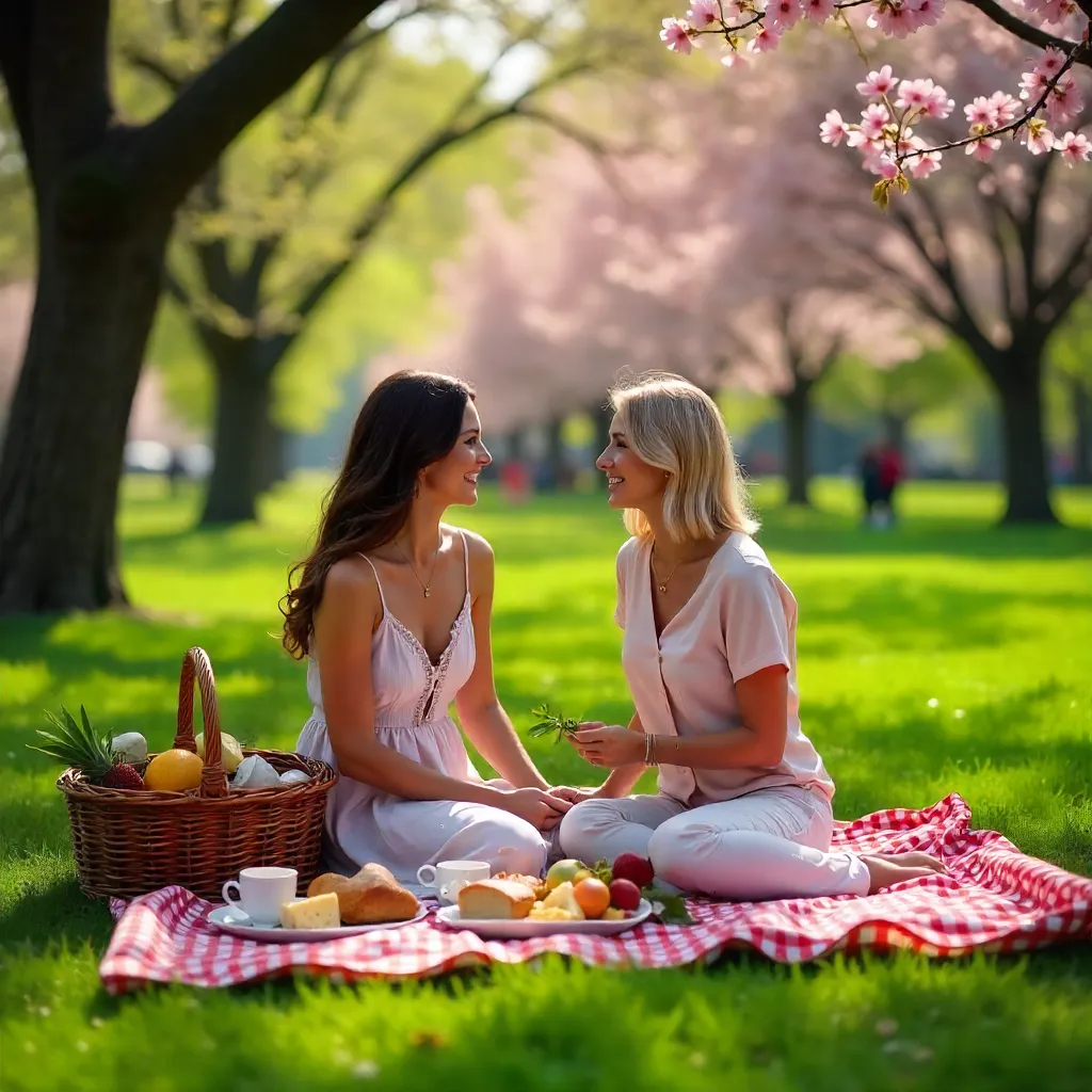 Two Women Enjoy a Spring Picnic in the Park