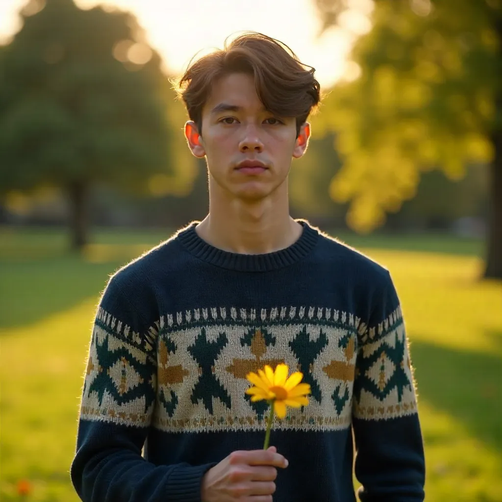 Young Man in Patterned Sweater with Yellow Flower Outdoors