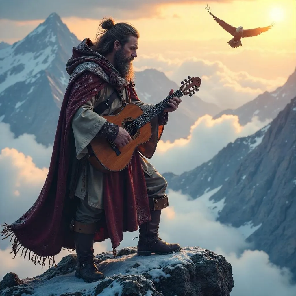 Dawn Bard on a Snow-Kissed Mountain Peak