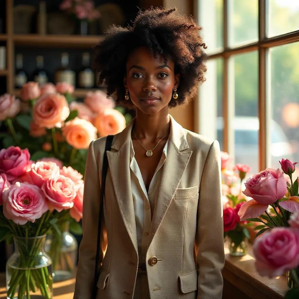 Stylish Black Girl in a Flower Shop – Photorealistic Portrait