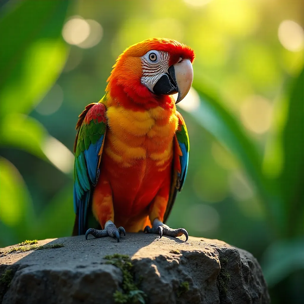 Sunlit Parrot on Stone Among Green Foliage
