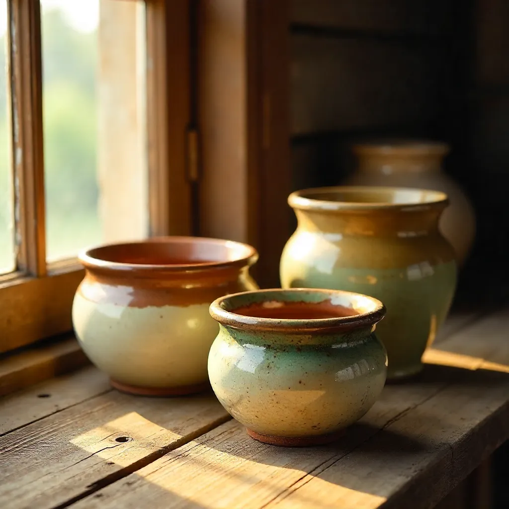 Three Rustic Ceramic Pots in Warm Golden Light