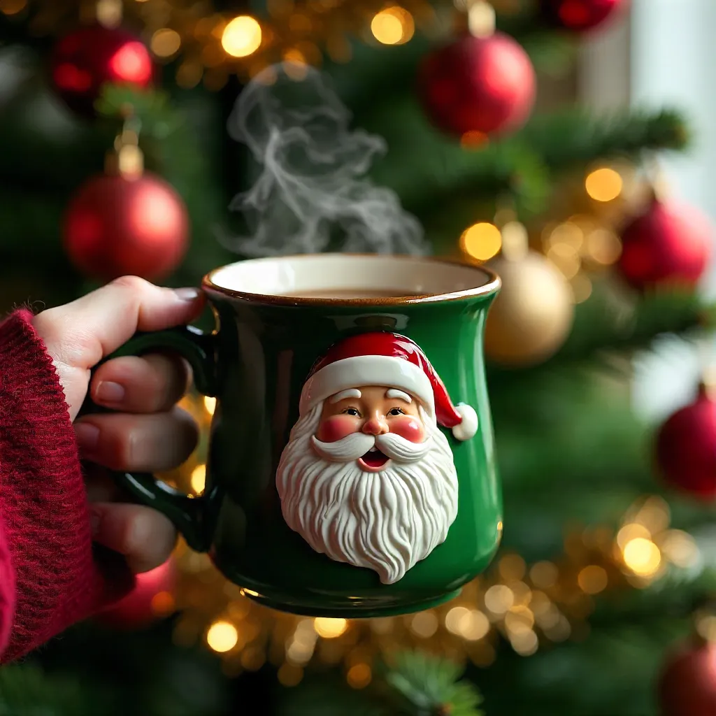 Green Santa Mug in Front of a Sparkling Christmas Tree