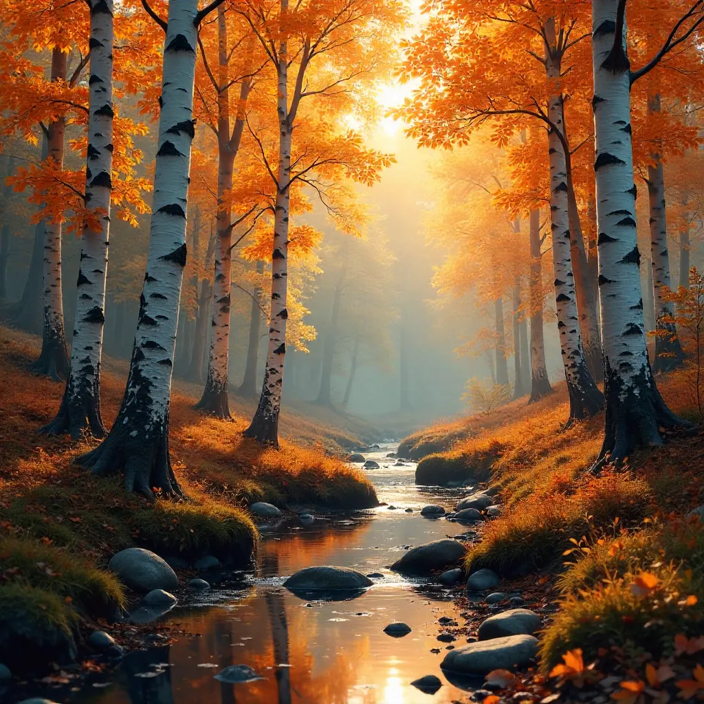 Quiet Birch Forest in Autumn Orange Glow
