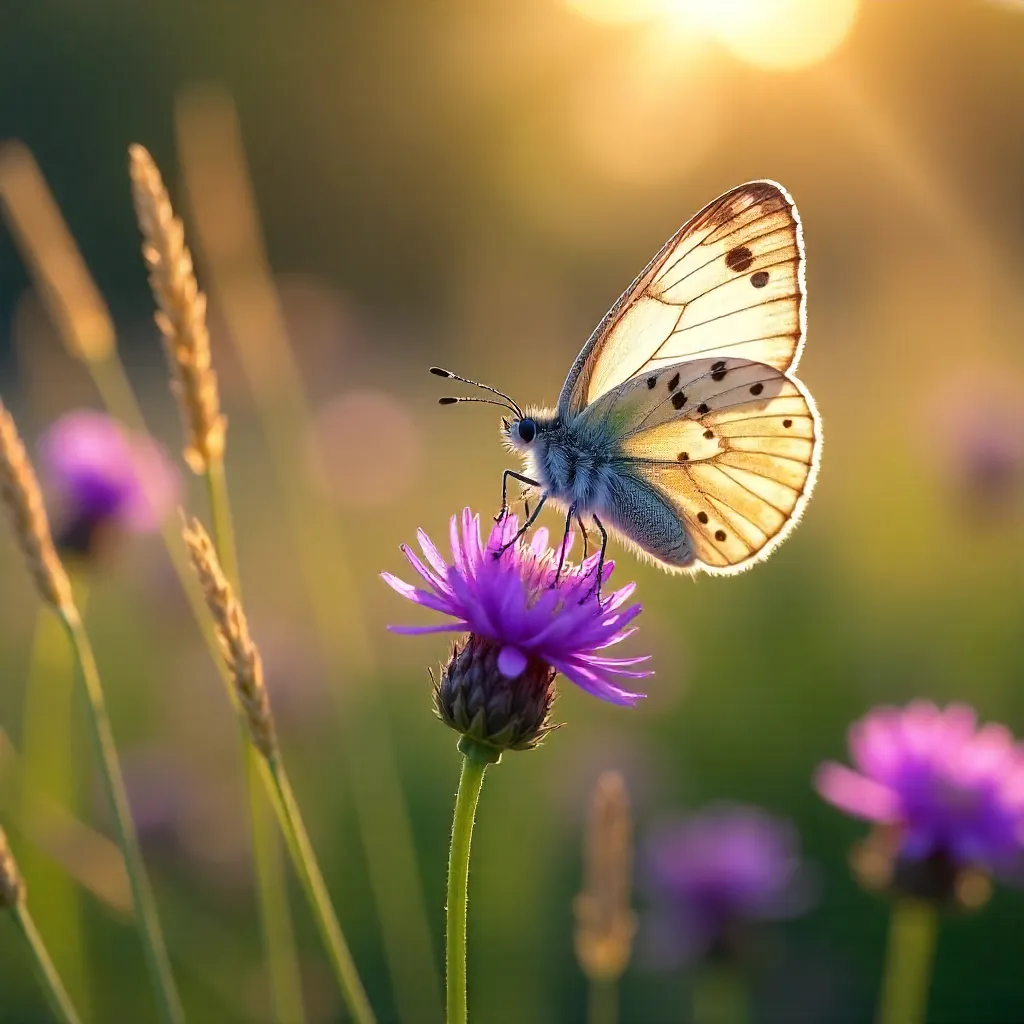 Butterfly on Purple Wildflowers in a Sunlit Meadow