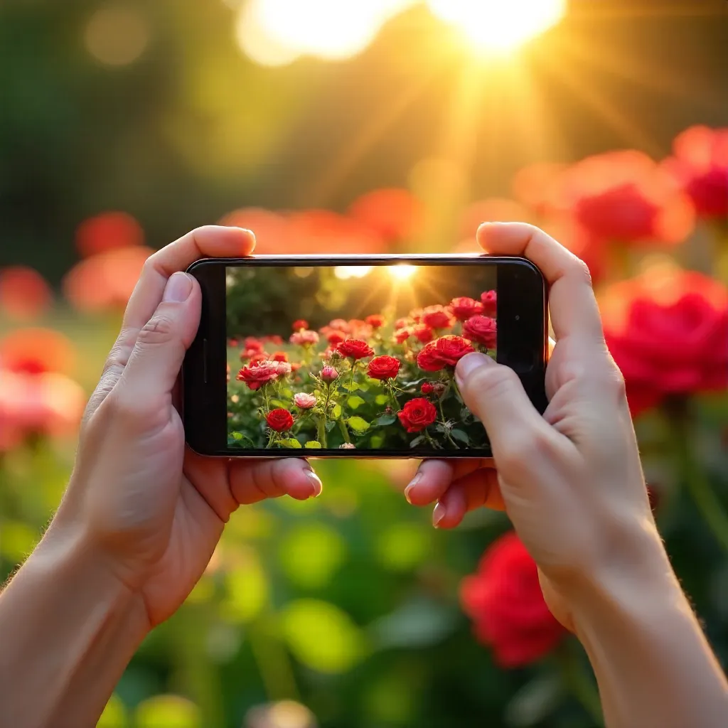 Hands with Smartphone Photographing a Vibrant Rose Garden
