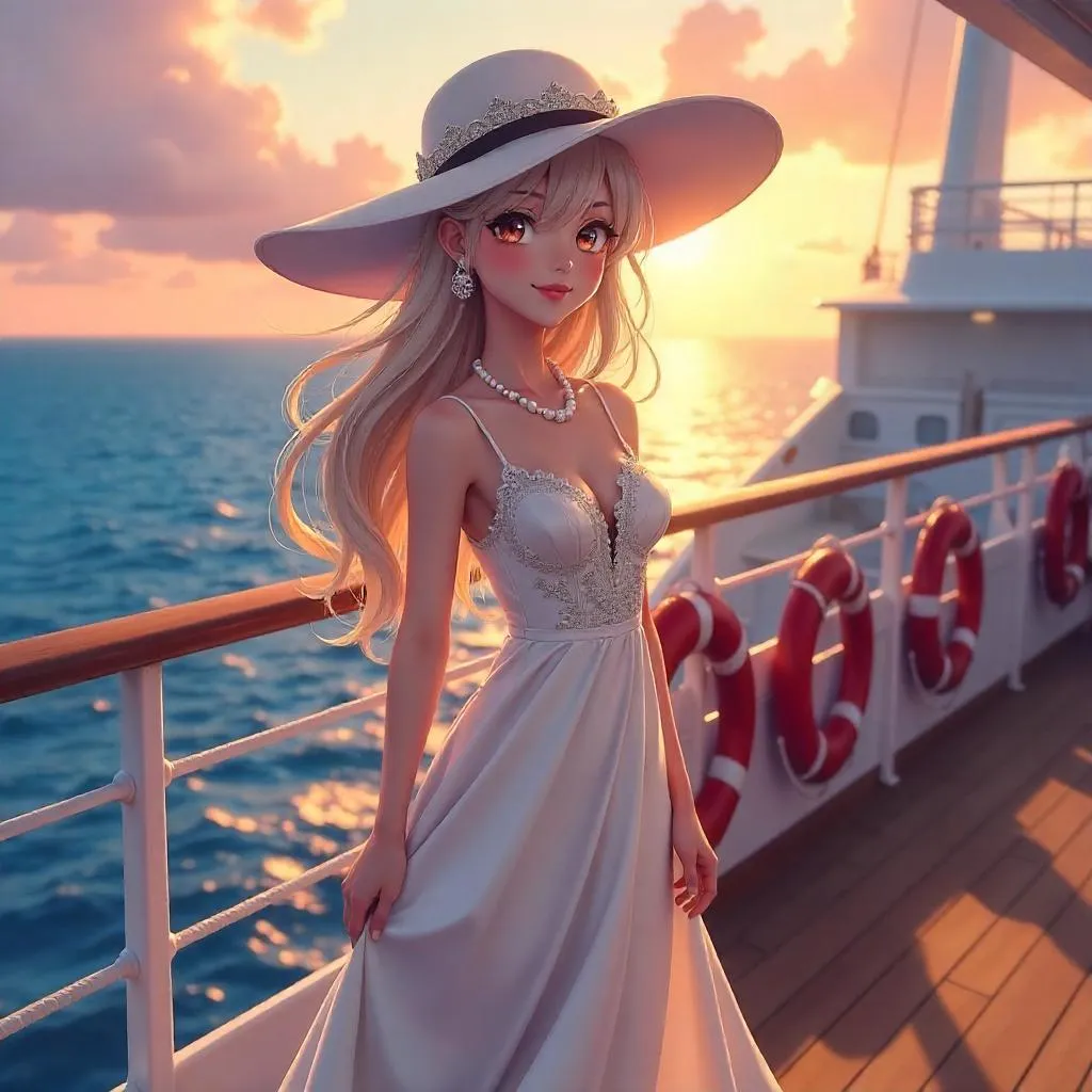 Elegant pale-skinned woman on a cruise ship - anime art