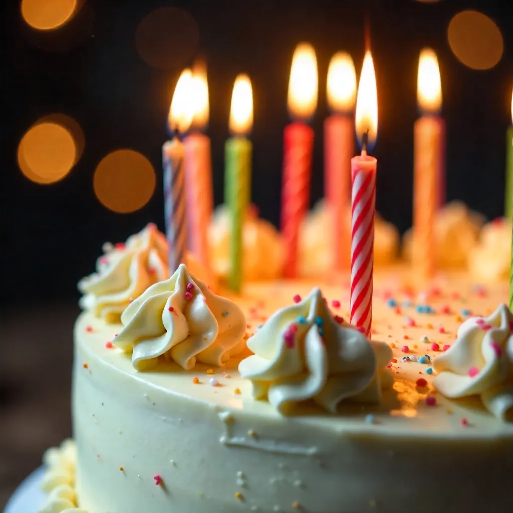 Close-Up Festive Cake with Lit Candles