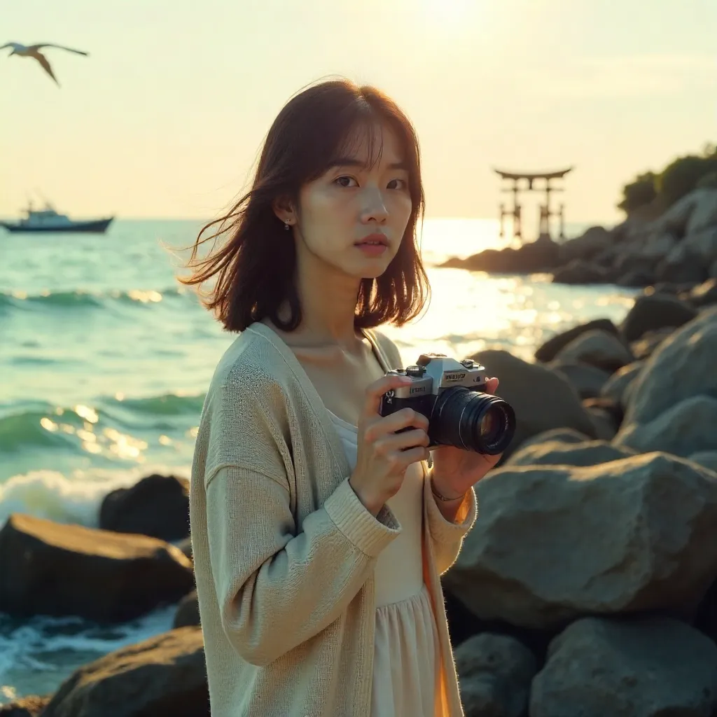 Seaside Portrait in Japan: A Young Woman with a Camera