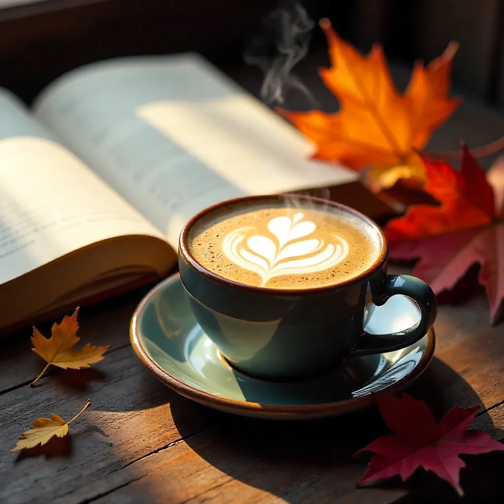 Cozy Autumn Latte beside Open Book on Wood