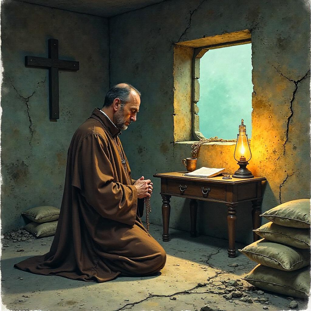 Watercolor Priest in a War-Torn Bunker