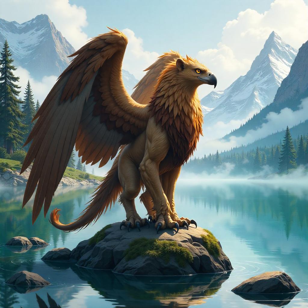 Griffin by a tranquil alpine lake — concept art