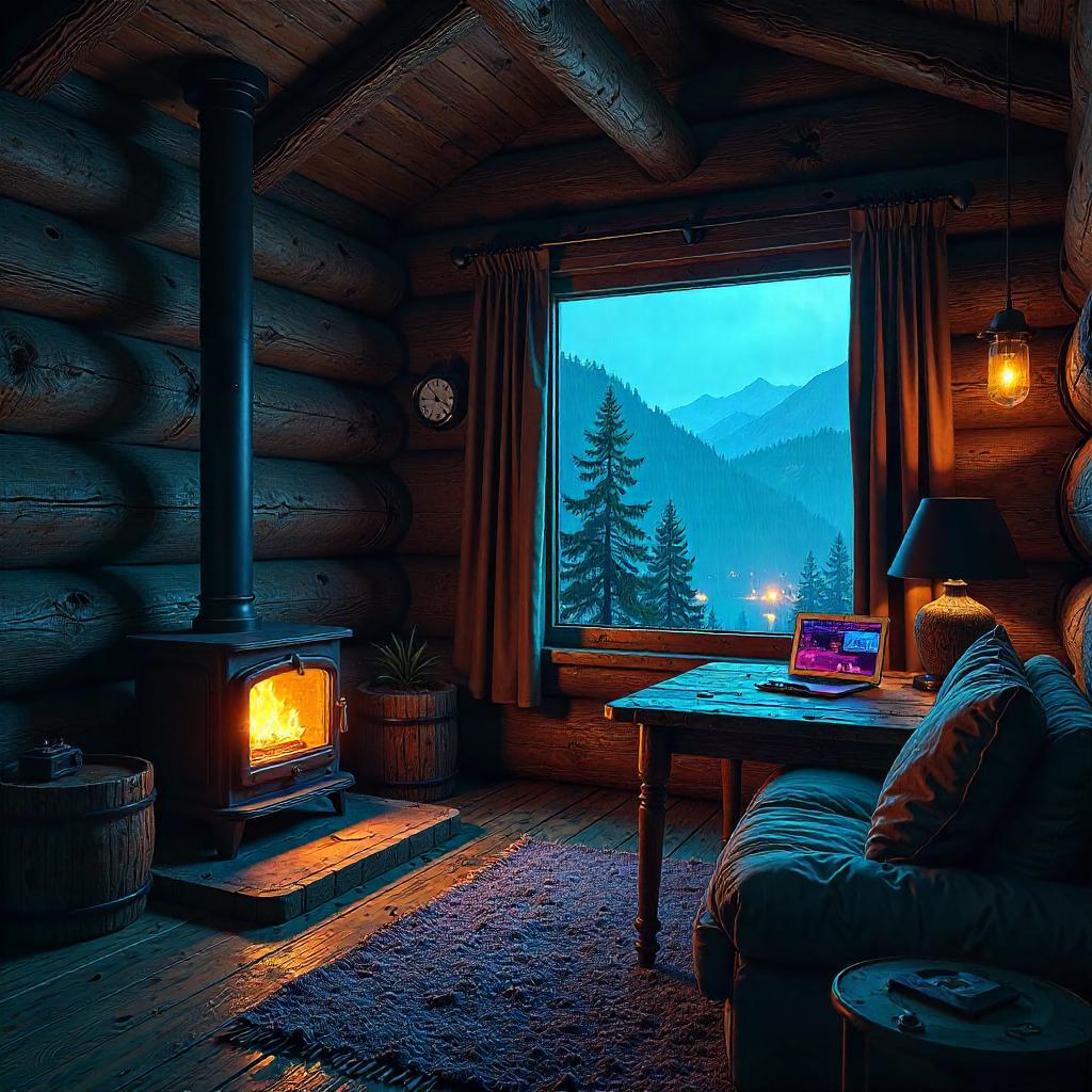 Neon Wind in a Rustic Cyberpunk Cabin